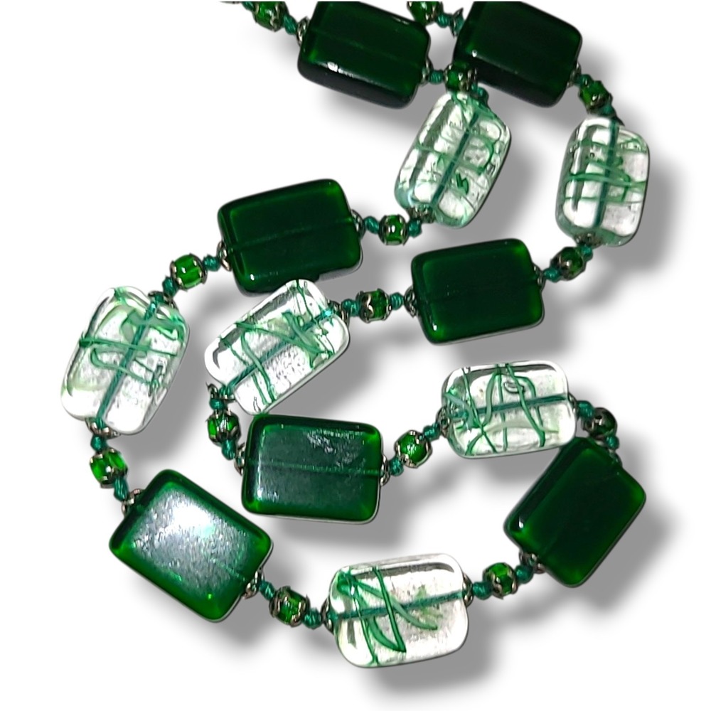 Green Art Glass Necklace Murano Style Foil Swirl Beads Rectangular‎ 20"